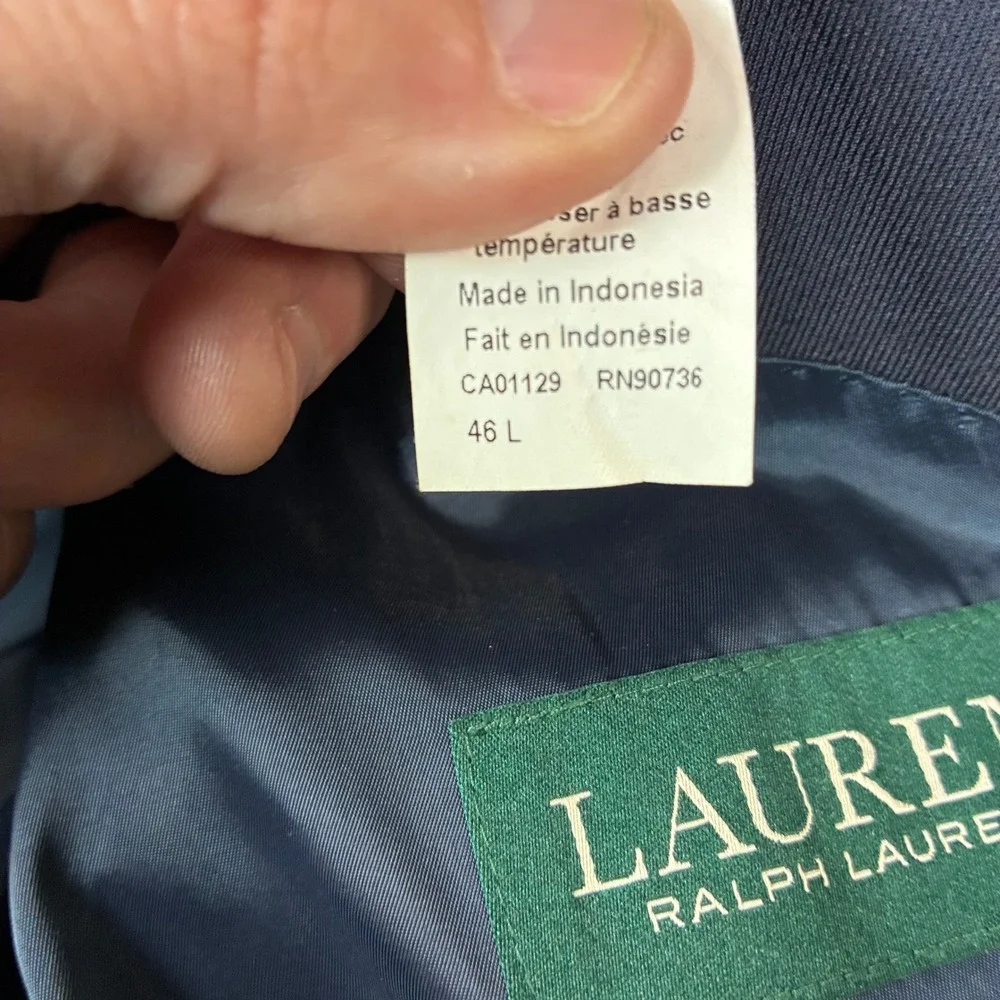 Lauren Ralph Lauren Mens Navy Blue Wool Blend Blazer Gold Crest Buttons 46L